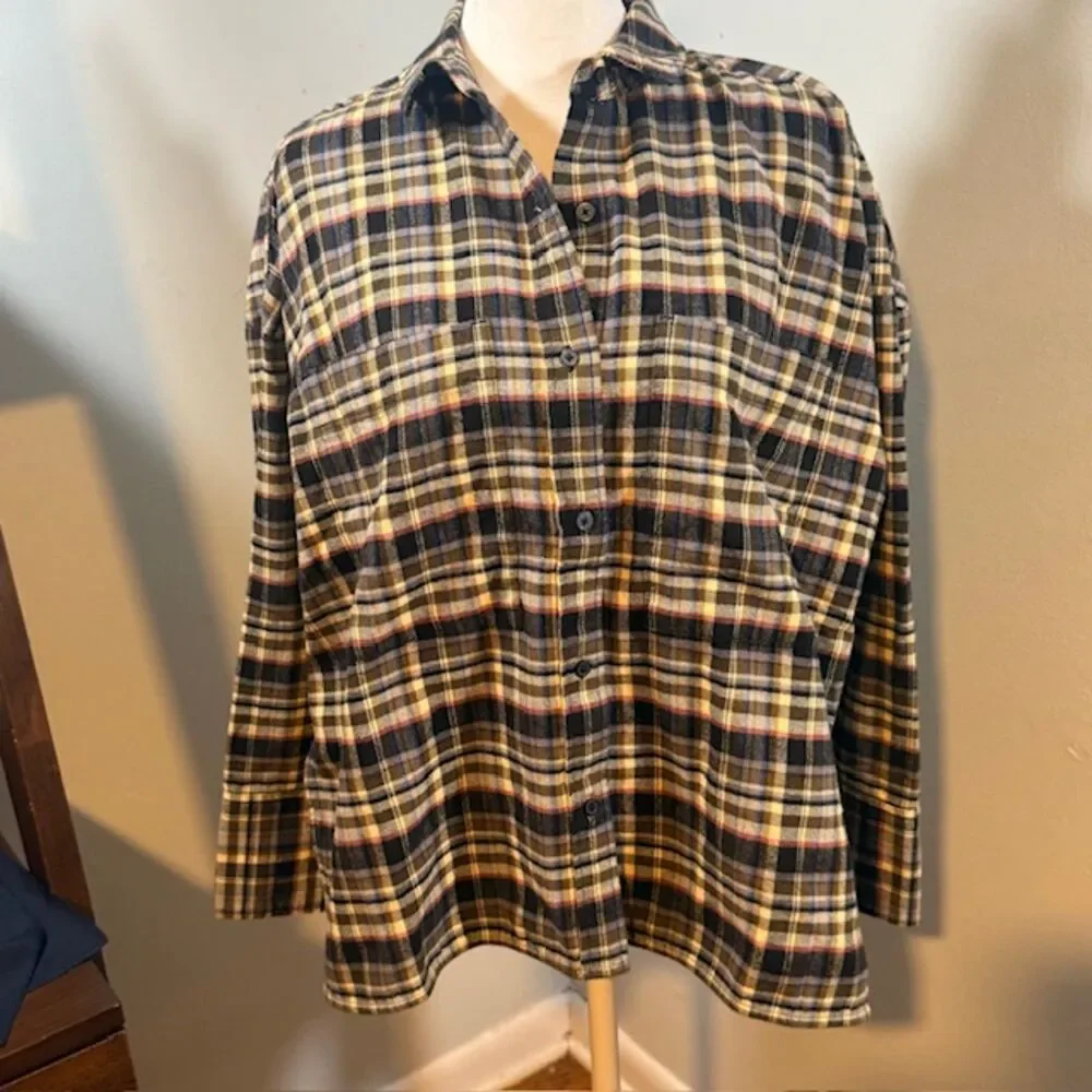 NWT Everlane The Boxy Flannel Shirt Small Multi Plaid Brown Cabincore - Picture 3 of 10